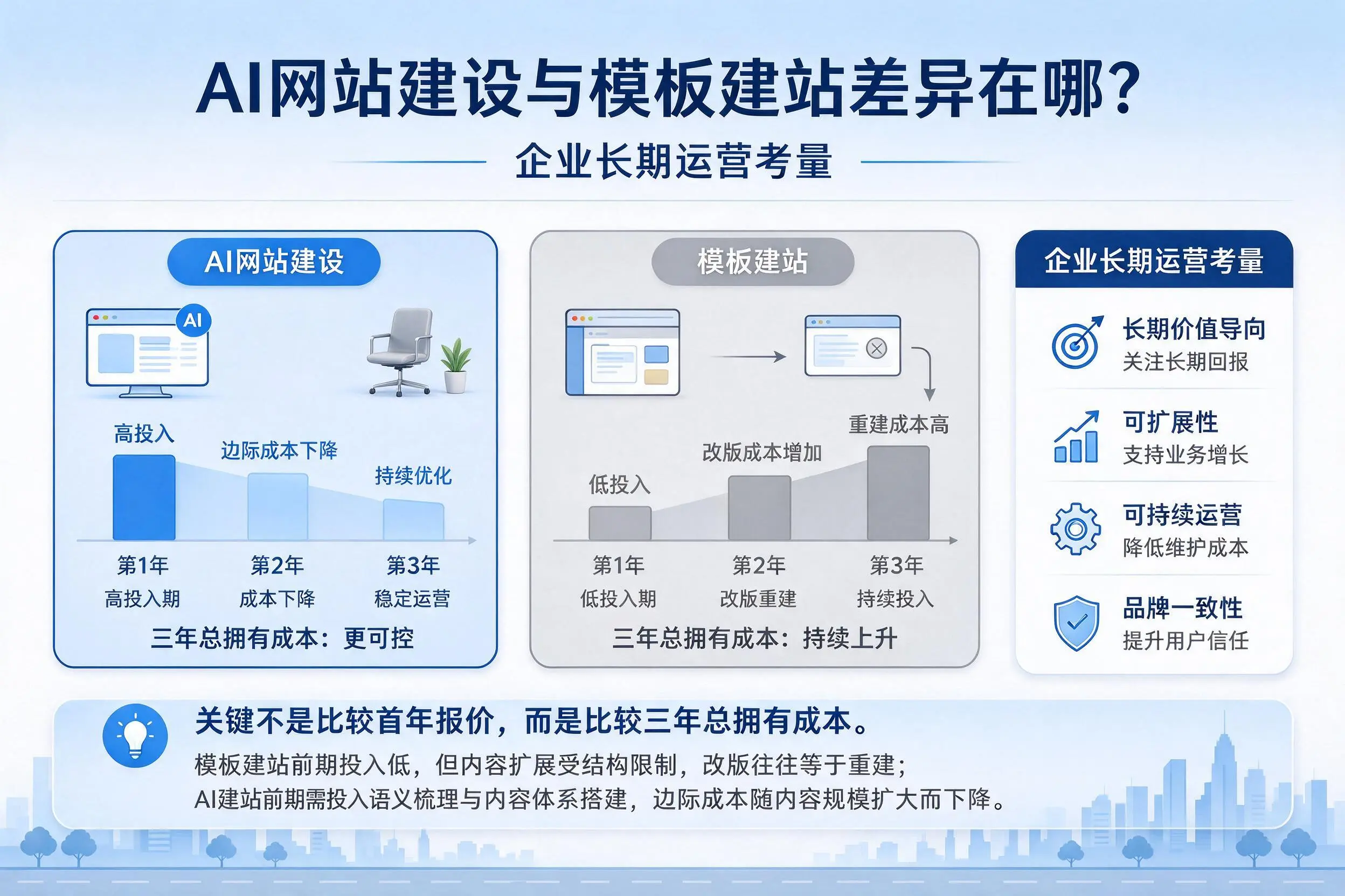 AI网站建设与模板建站差异在哪?滨州企业长期运营考量