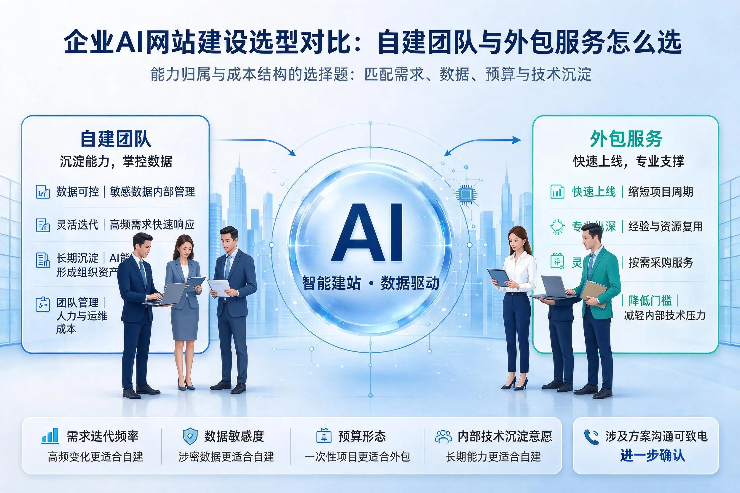 滨州企业AI网站建设选型对比：自建团队与外包服务怎么选